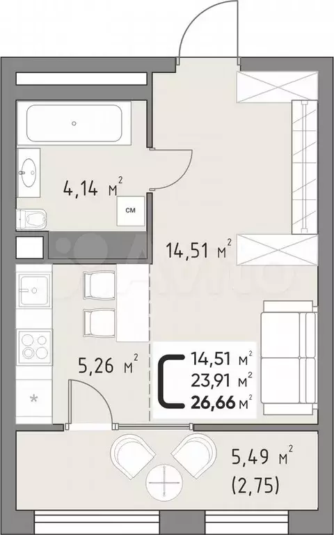 Квартира-студия, 26,7 м, 7/15 эт. - Фото 0