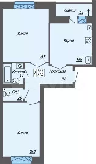 2-к. квартира, 62,4 м, 5/9 эт. - Фото 1