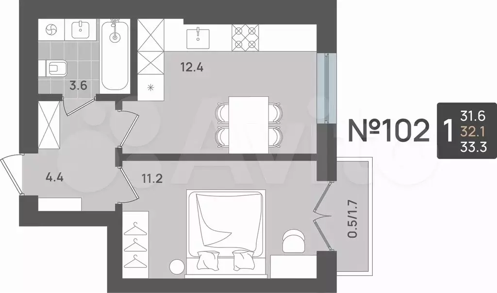 1-к. квартира, 32,1 м, 4/5 эт. - Фото 0