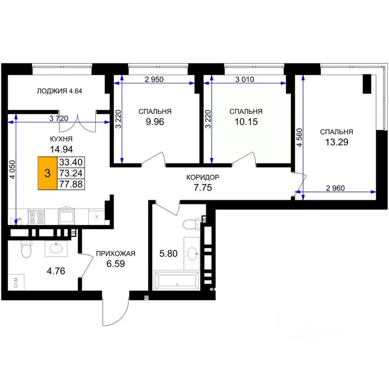3-к кв. Калининградская область, Гурьевск Включи жилой комплекс (77.88 ... - Фото 1