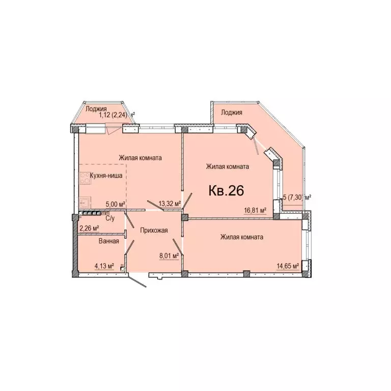 3-комнатная квартира: Заречный, Счастливая улица (68.95 м) - Фото 0