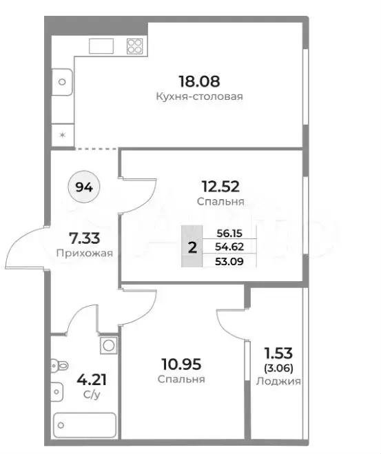 2-к. квартира, 52,6 м, 6/10 эт. - Фото 1