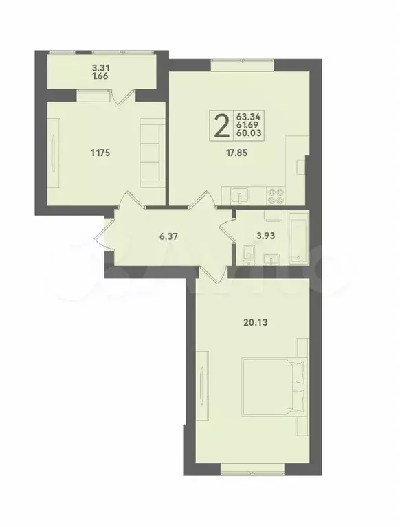 2-к. квартира, 61,7 м, 3/4 эт. - Фото 1