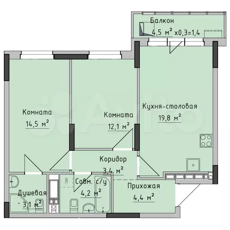 2-к. квартира, 61,6 м, 13/18 эт. - Фото 0