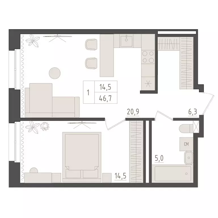 1-комнатная квартира: Уфа, улица Пушкина, 74 (46.7 м) - Фото 1