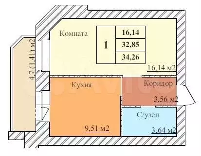 1-к. квартира, 34,3 м, 4/5 эт. - Фото 0