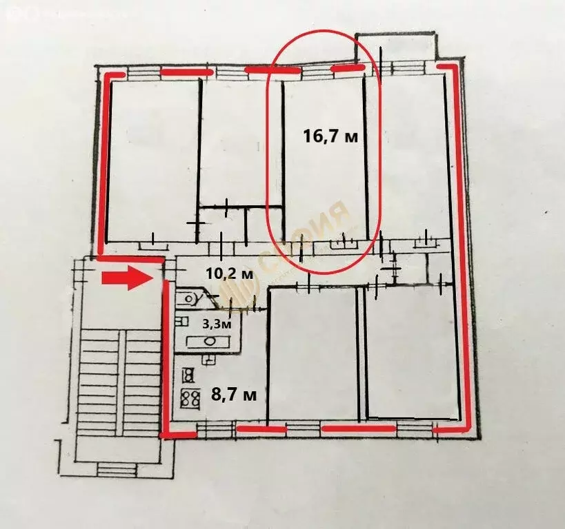 1к в 5-комнатной квартире (16.7 м) - Фото 1