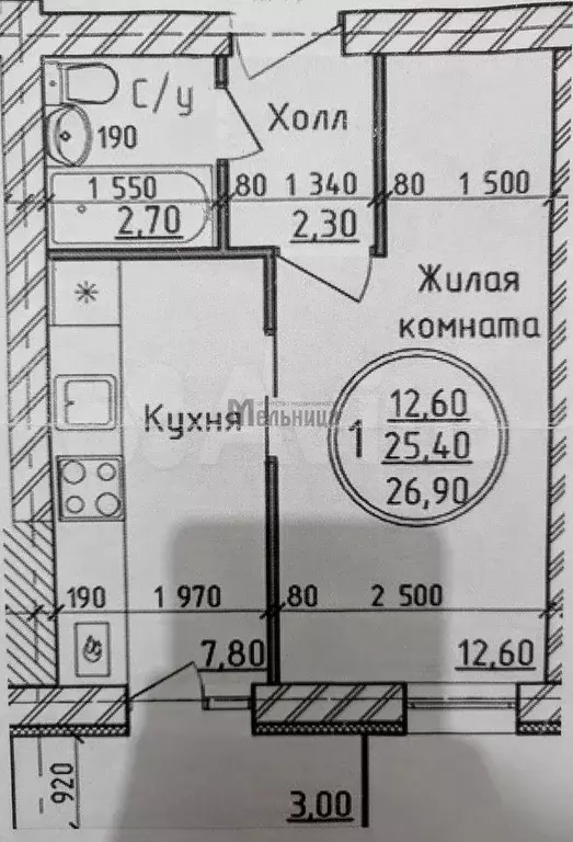 1-к. квартира, 25,1 м, 3/3 эт. - Фото 0