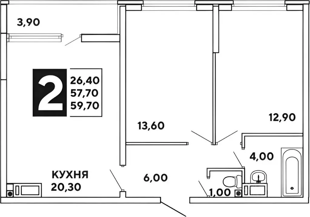 Квартира, 2 комнаты, 58 м - Фото 1