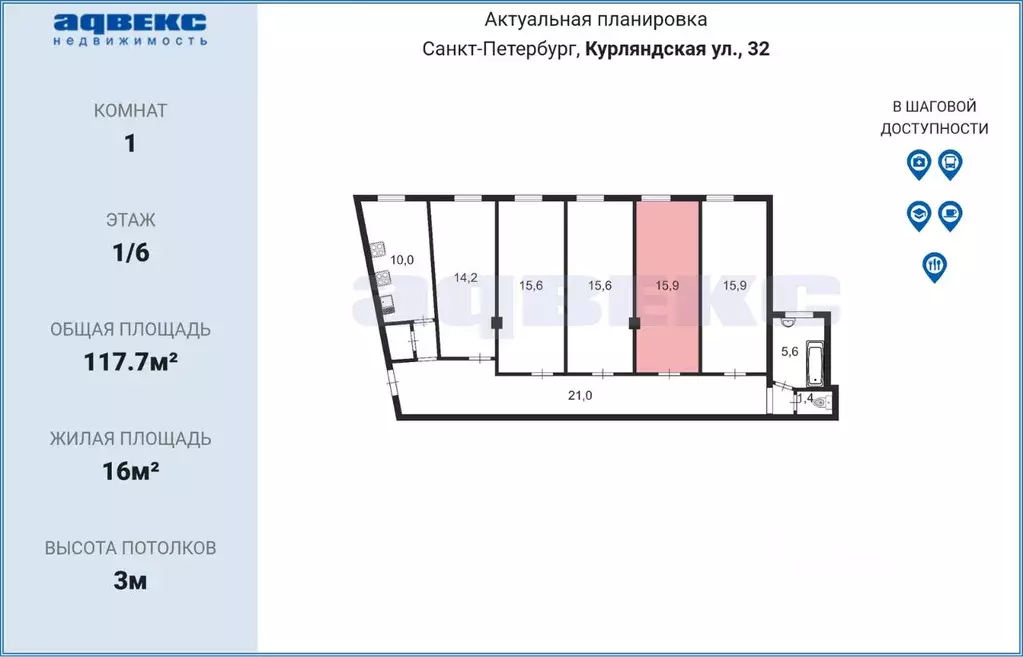 Комната Санкт-Петербург Курляндская ул., 32 (16.0 м) - Фото 1