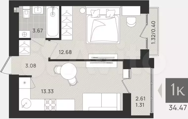 1-к. квартира, 34,5 м, 9/9 эт. - Фото 1