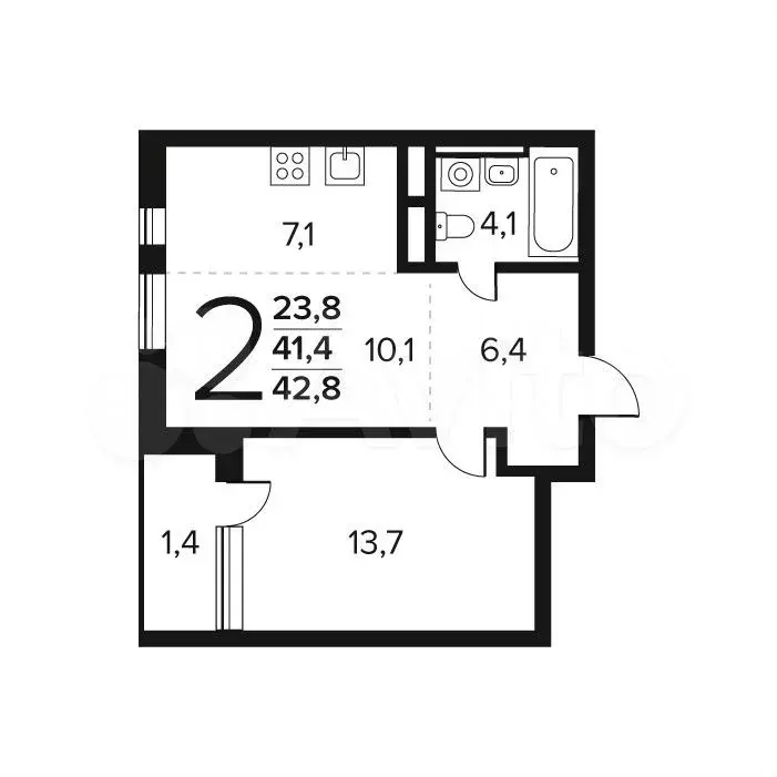 2-к. квартира, 42,8 м, 7/9 эт. - Фото 0