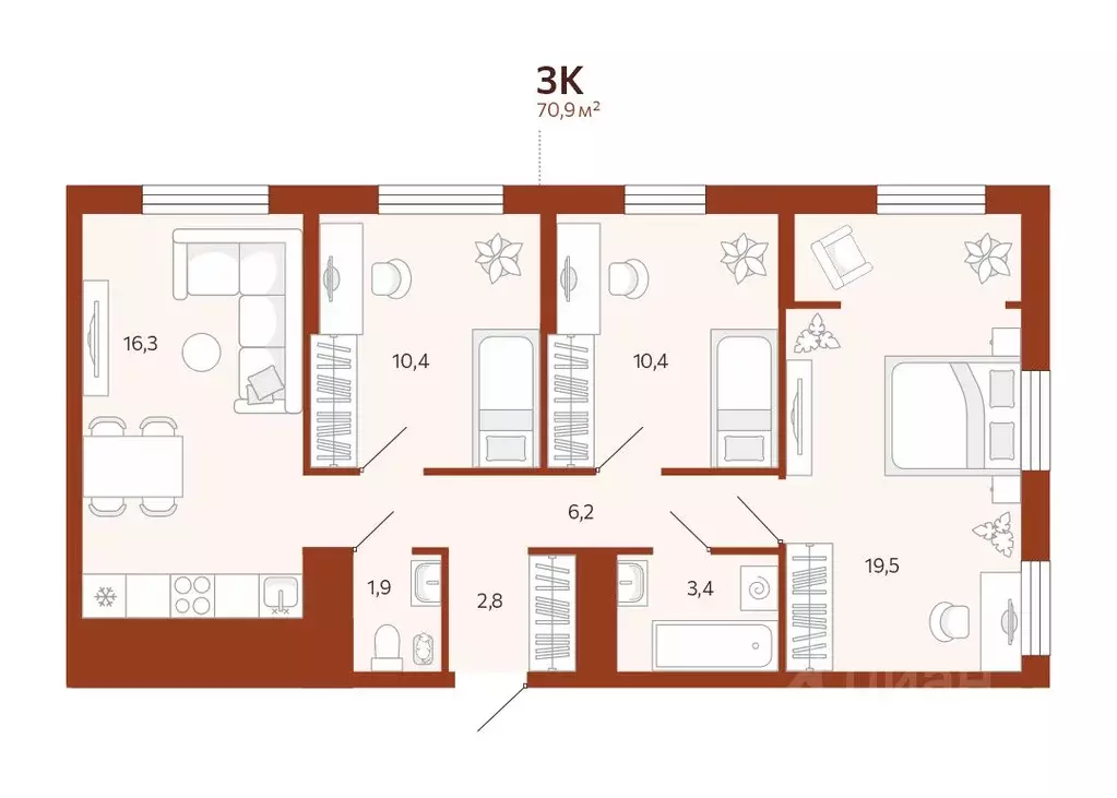 3-к кв. Тюменская область, Тюмень ул. Новаторов, 28 (70.85 м) - Фото 0