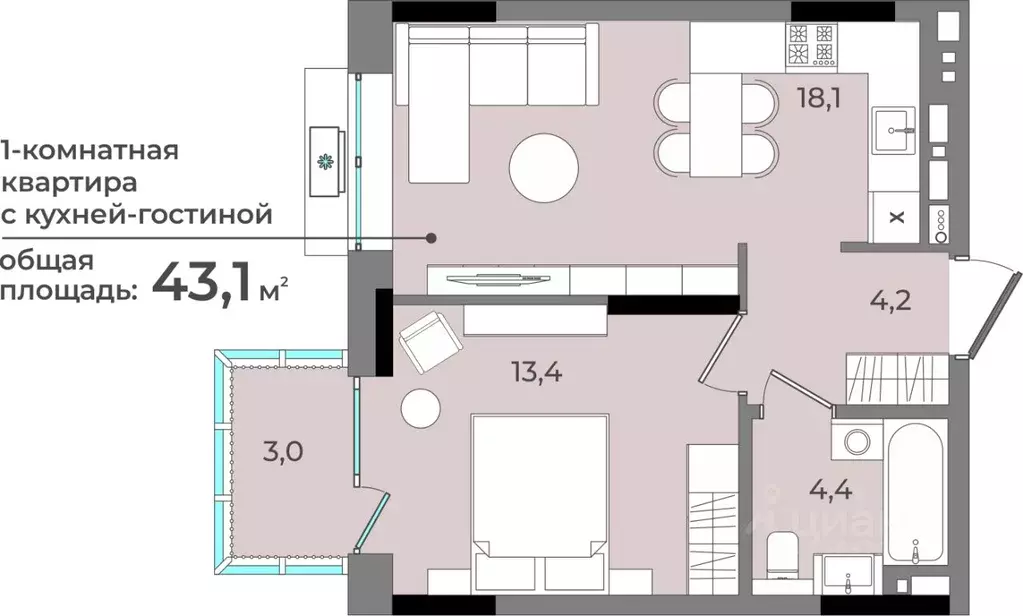 1-к кв. Удмуртия, Ижевск ул. Имени В.С. Тарасова, 6 (43.1 м) - Фото 0
