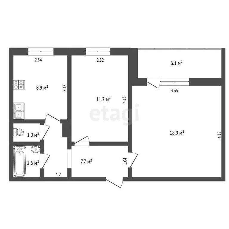 Квартира, 2 комнаты, 50.8 м - Фото 0