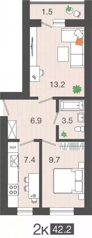 2-к. квартира, 42,2 м, 2/4 эт. - Фото 1