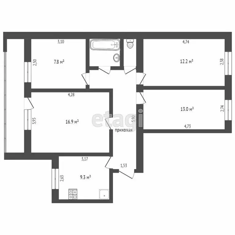 4-комнатная квартира: Тюмень, улица Максима Горького, 59 (73.4 м) - Фото 1