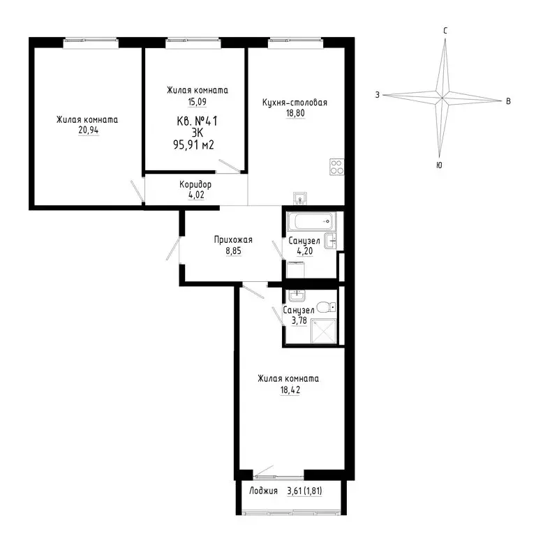 3-комнатная квартира: Новый, ЖК ДНС Сити (95.91 м) - Фото 0