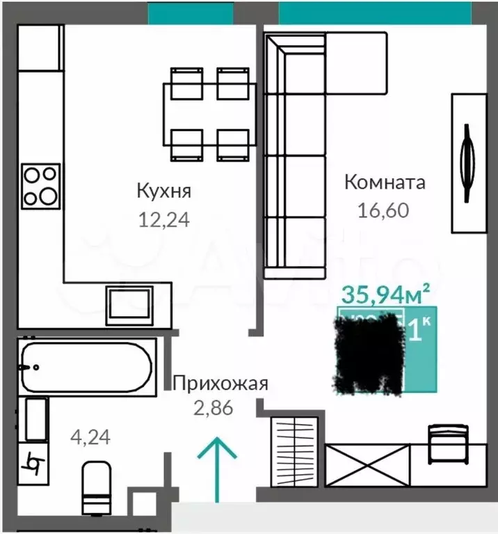 1-к. квартира, 36 м, 4/9 эт. - Фото 1