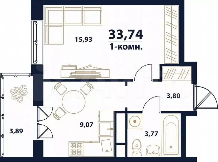 1-к. квартира, 33,7м, 12/16эт. - Фото 0