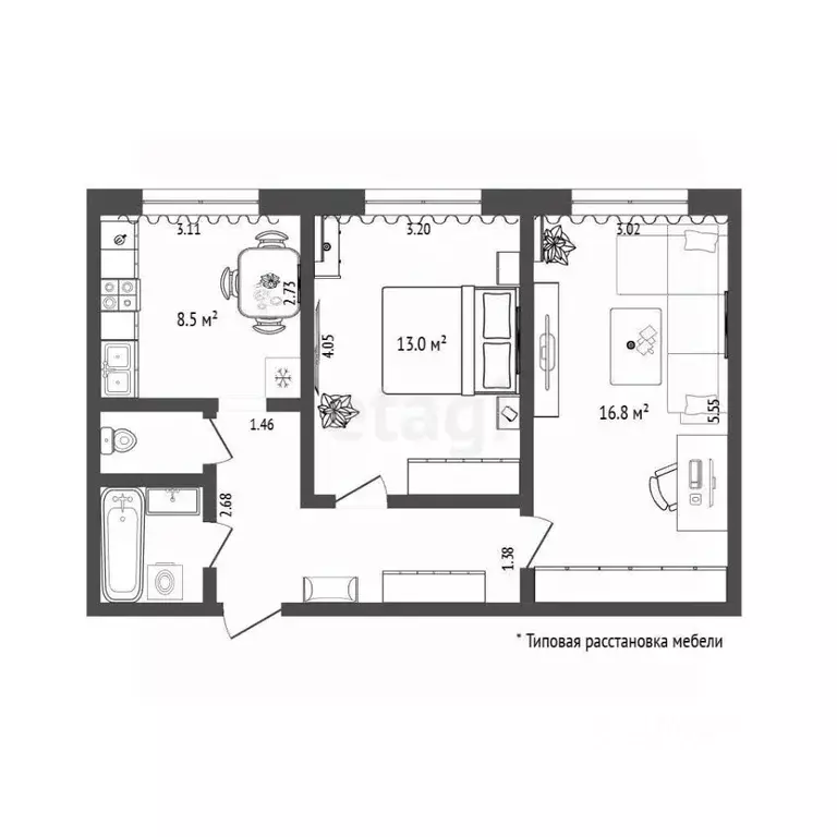 2-к кв. Тюменская область, Тюмень ул. Станционная, 34/2 (50.5 м) - Фото 2