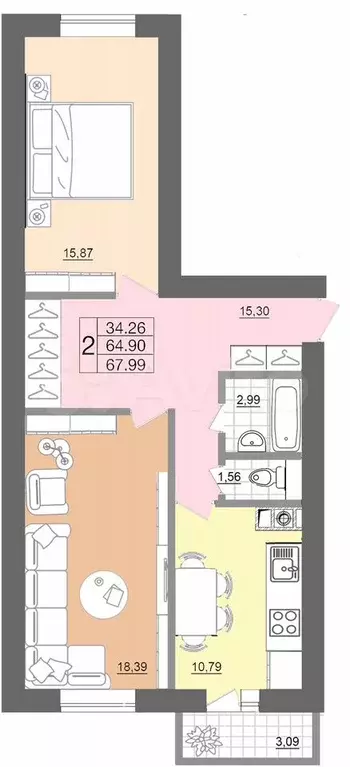2-к. квартира, 68 м, 3/5 эт. - Фото 0