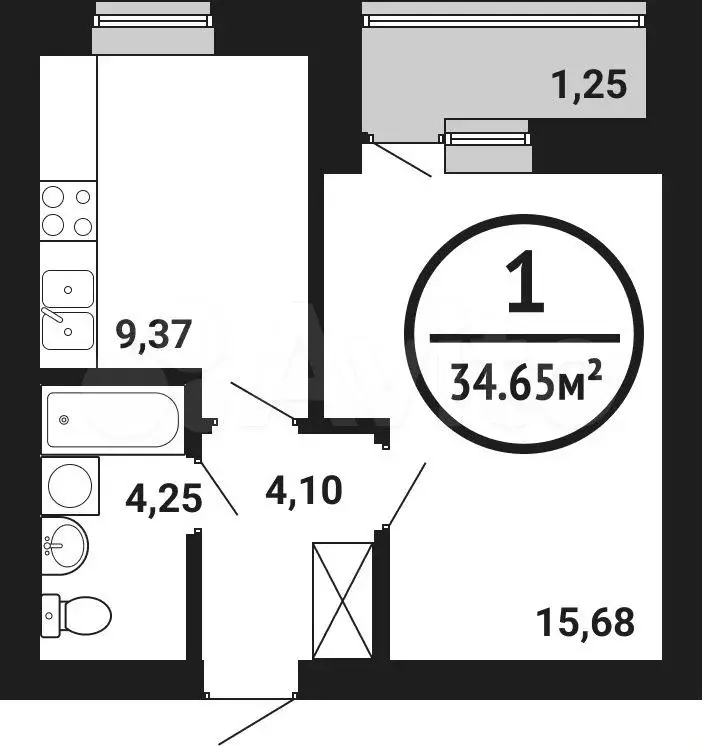 1-к. квартира, 34,7м, 1/8эт. - Фото 0