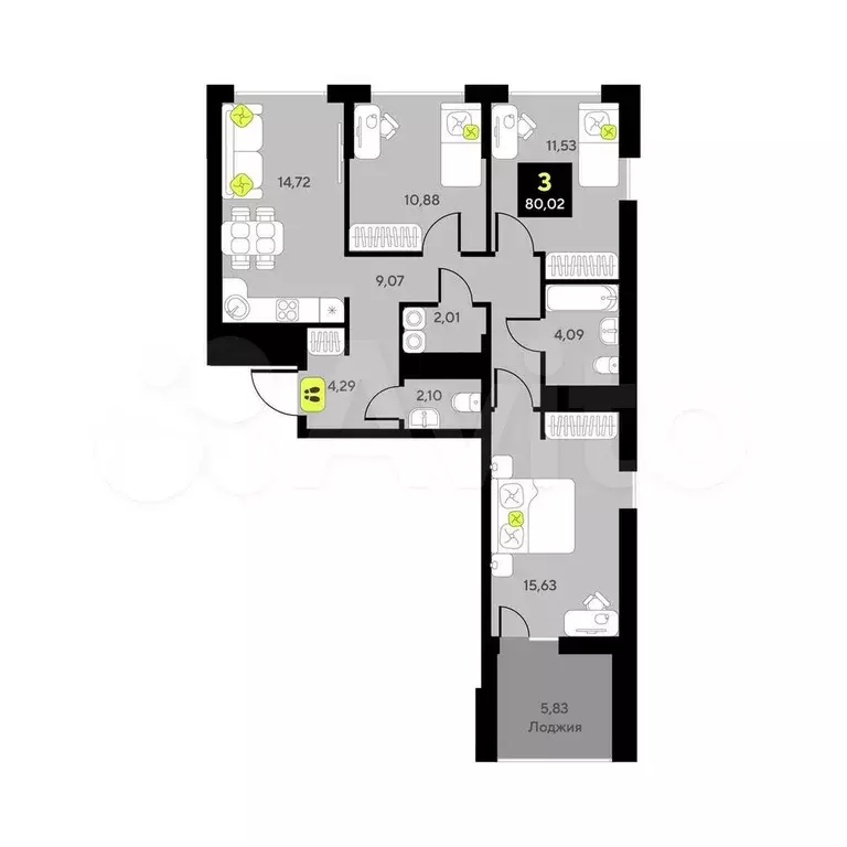 3-к. квартира, 80 м, 9/10 эт. - Фото 0