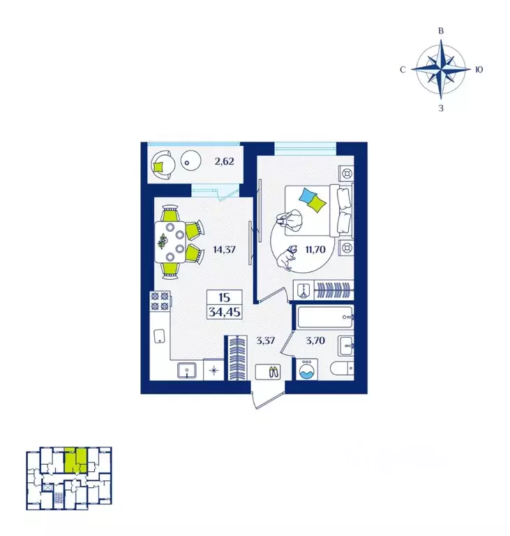 1-к кв. Калининградская область, Зеленоградск  (34.45 м) - Фото 1