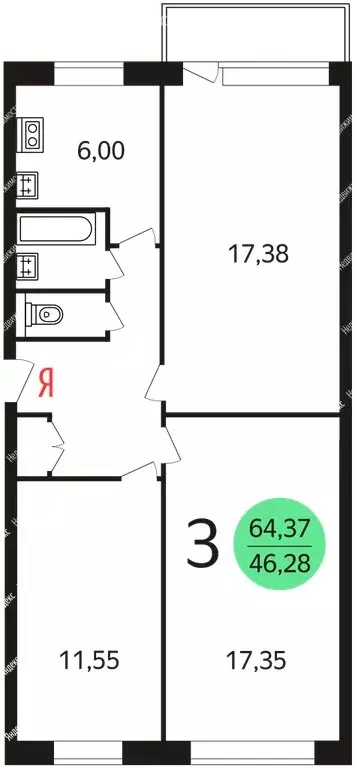 3-комнатная квартира: Тула, улица Калинина, 77А (65 м) - Фото 1