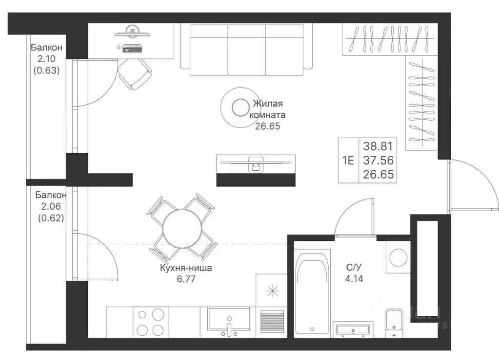 Студия Татарстан, Казань Мой Ритм жилой комплекс (38.81 м) - Фото 0