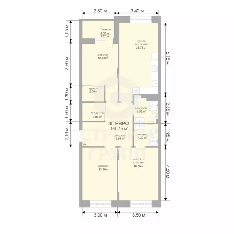 3-к квартира, 94.25 м - Фото 1