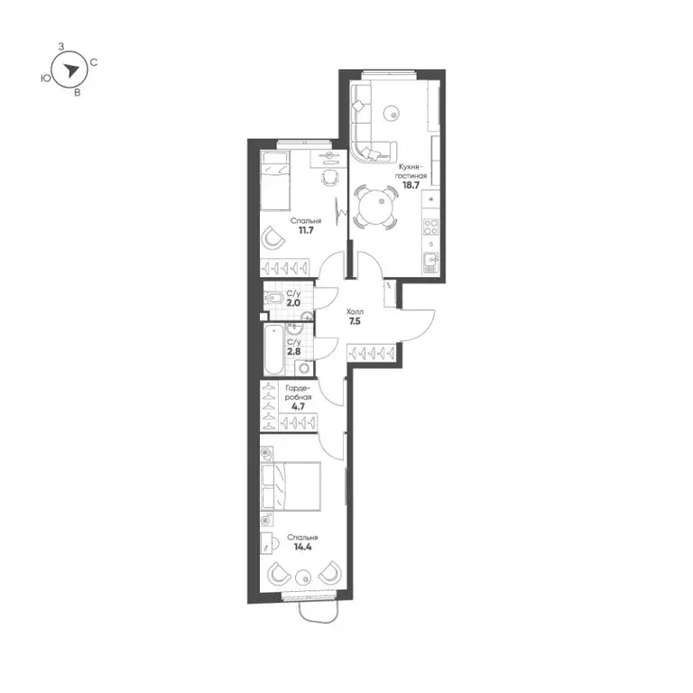 2-к кв. Свердловская область, Екатеринбург Солнечный жилрайон,  (61.8 ... - Фото 1