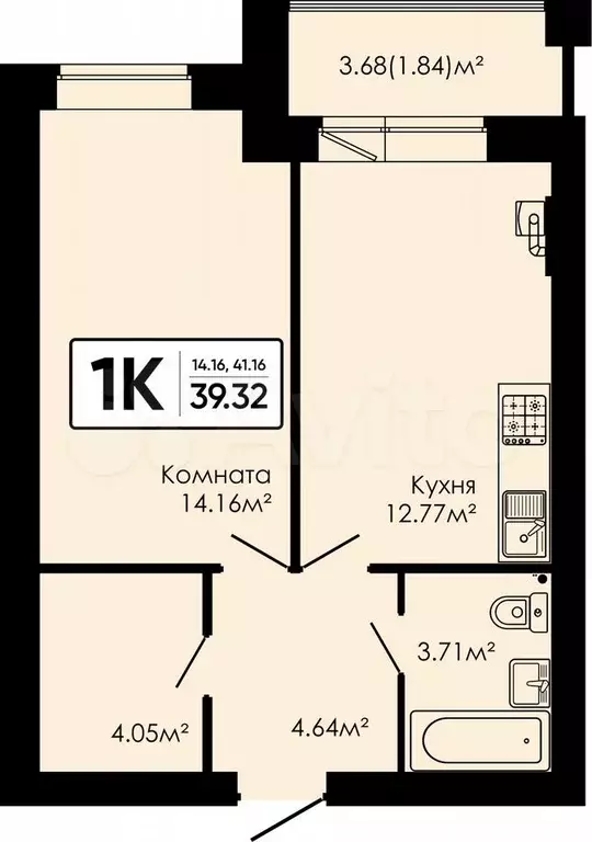 1-к. квартира, 39,3 м, 1/4 эт. - Фото 0