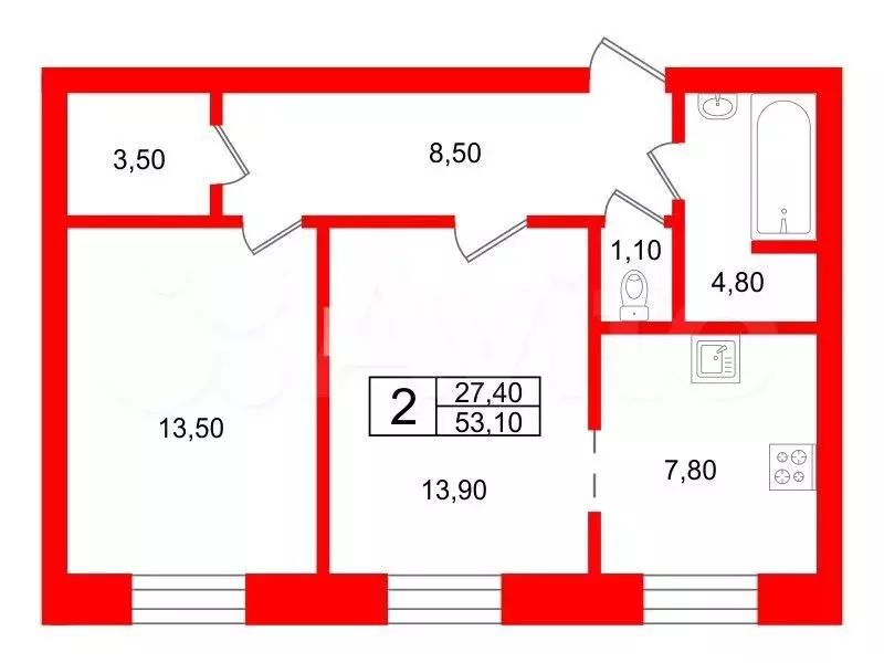 2-к. квартира, 53,1 м, 8/8 эт. - Фото 0