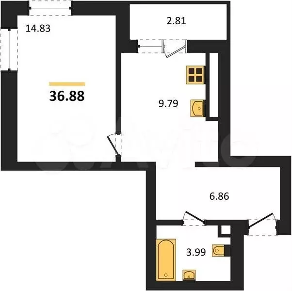 1-к. квартира, 36,9 м, 8/9 эт. - Фото 1