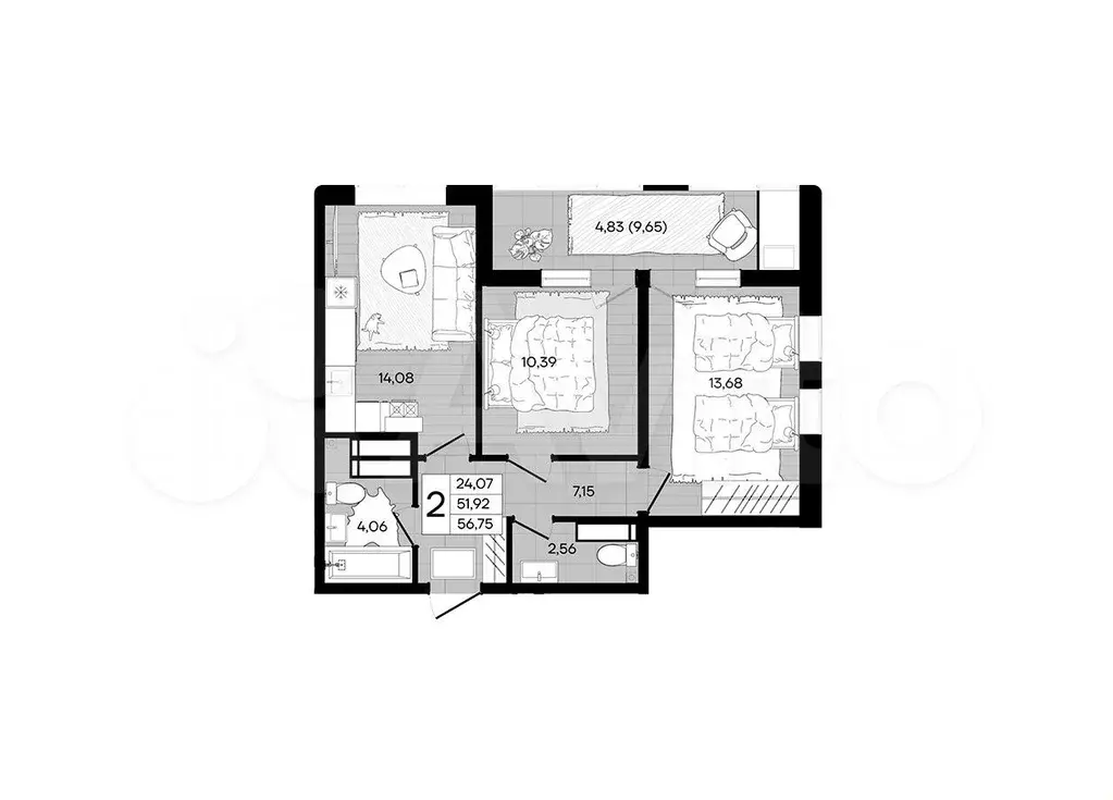2-к. квартира, 56,8 м, 15/18 эт. - Фото 1