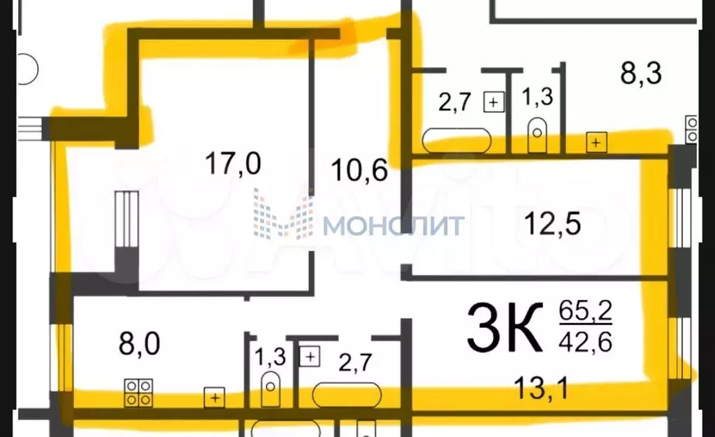 3-к. квартира, 65,2 м, 6/9 эт. - Фото 0
