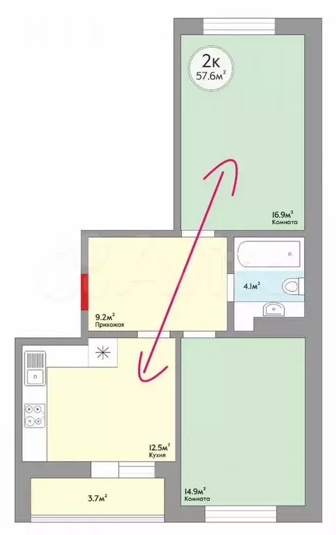 2-к. квартира, 57,6 м, 8/8 эт. - Фото 0