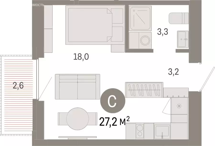 Квартира-студия: Тюмень, Мысовская улица, 26к2 (27.24 м) - Фото 1