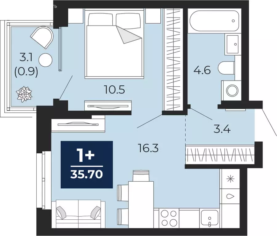1-комнатная квартира: Тюмень, проезд Капитана Куликова, 7 (37.9 м) - Фото 1