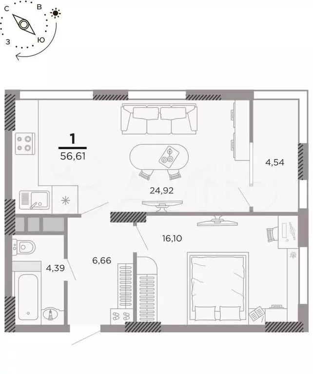 1-к. квартира, 56,6 м, 12/25 эт. - Фото 1