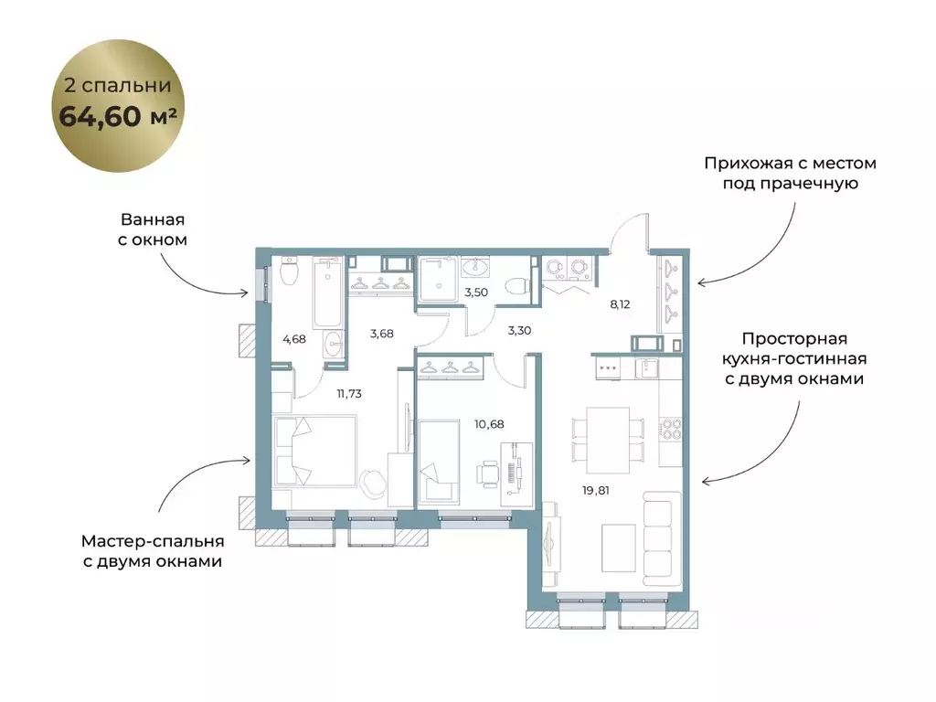 2-к кв. Ленинградская область, Всеволожск ул. Взлетная (64.6 м) - Фото 0