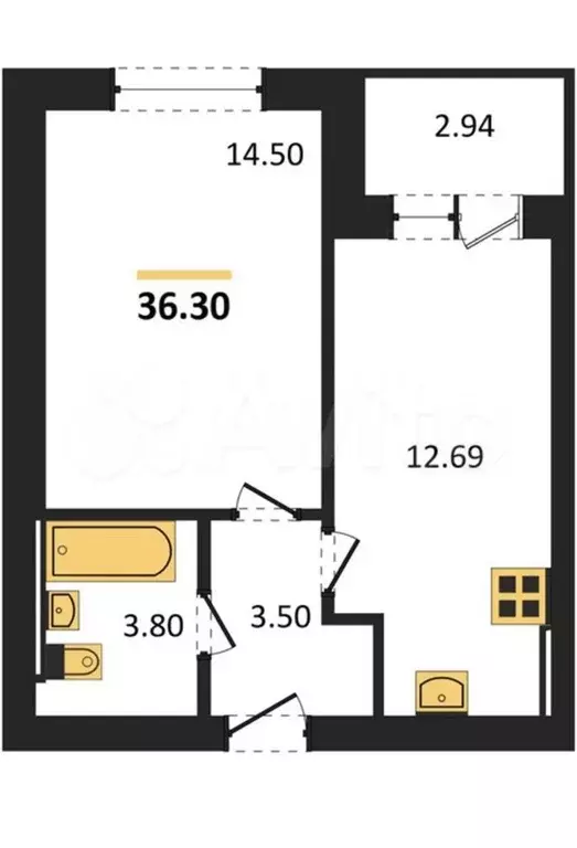 1-к. квартира, 36,3 м, 2/4 эт. - Фото 0