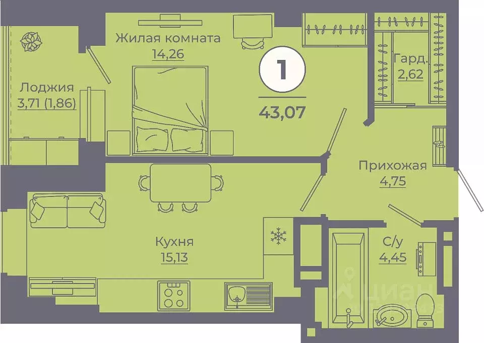 1-к кв. Ростовская область, Ростов-на-Дону ул. Еременко, 115 (43.45 м) - Фото 1
