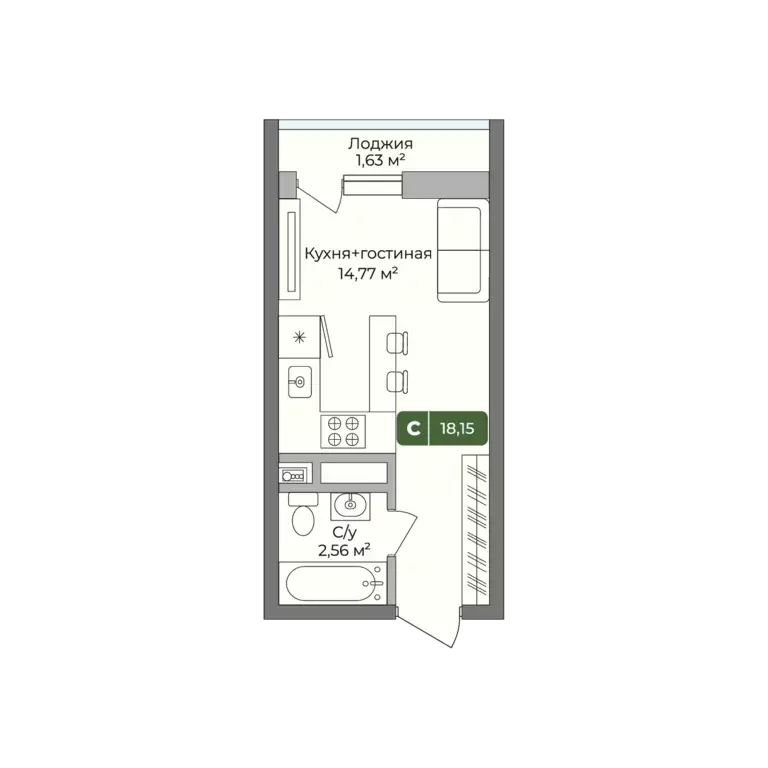 квартира-студия, 18.15 м - Фото 0