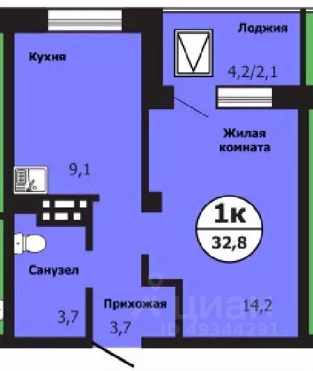 1-к кв. Красноярский край, Красноярск ул. Лесников, 51Б (32.9 м) - Фото 0