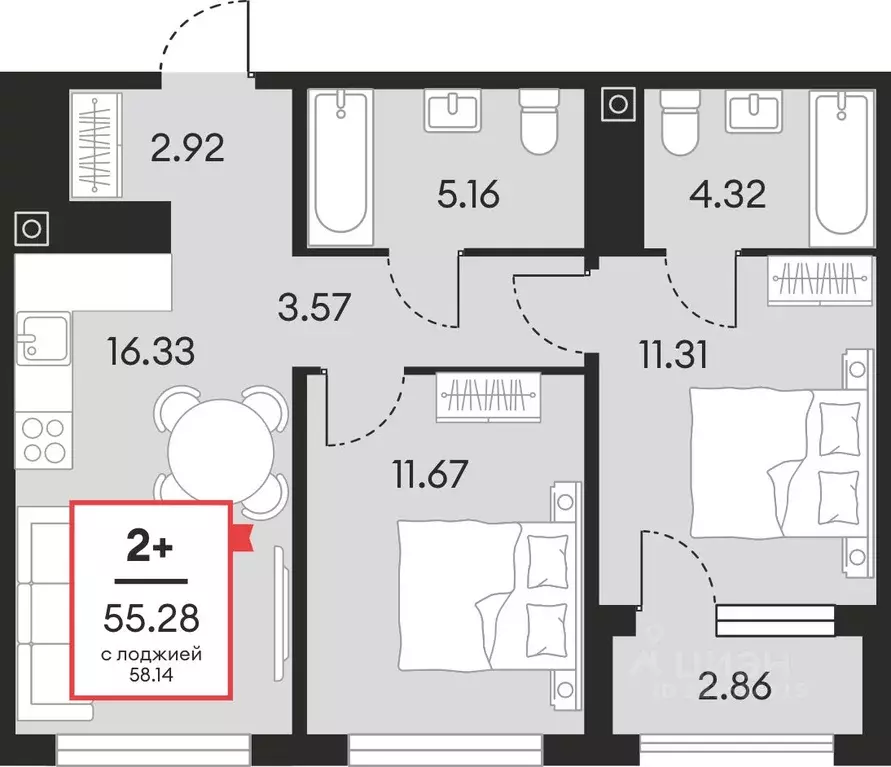 2-к кв. Ханты-Мансийский АО, Нефтеюганск ул. Нефтяников, 48А (55.28 м) - Фото 1