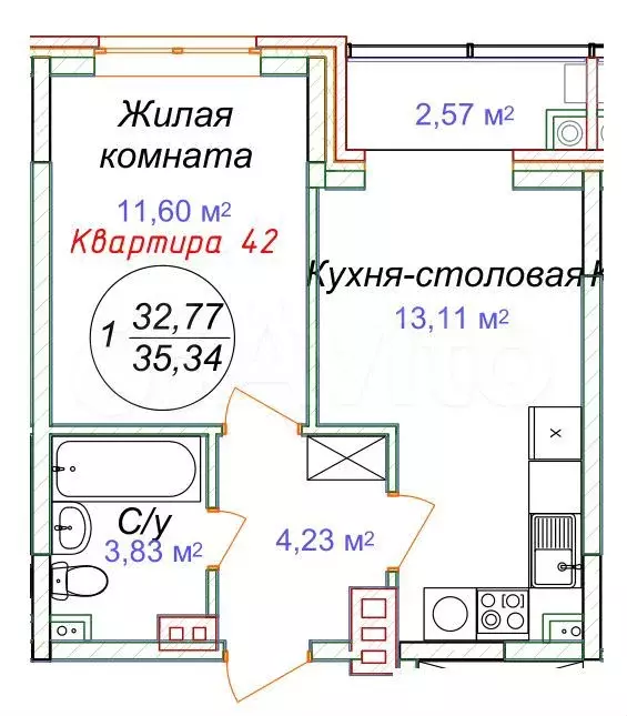 1-к. квартира, 35,3 м, 2/5 эт. - Фото 1