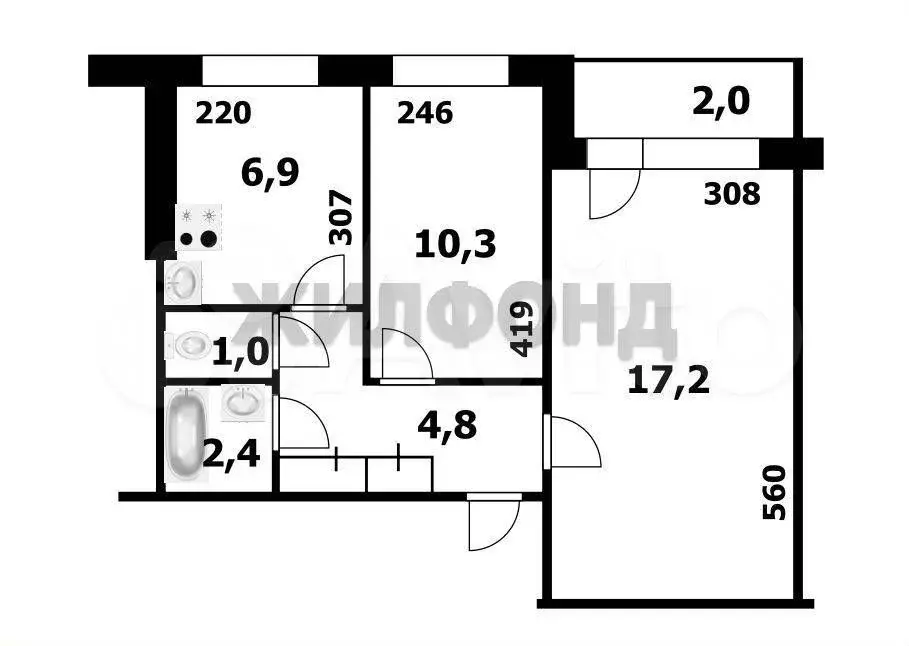 2-к. квартира, 43,3 м, 8/9 эт. - Фото 0